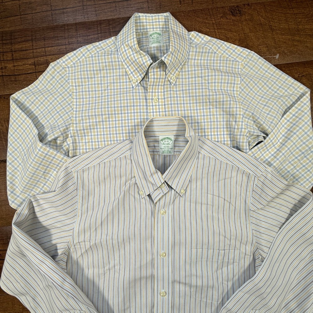 Lot x 2 Brooks Brothers Button Down Shirt Mens 15 33 Blue Yellow Milano Striped